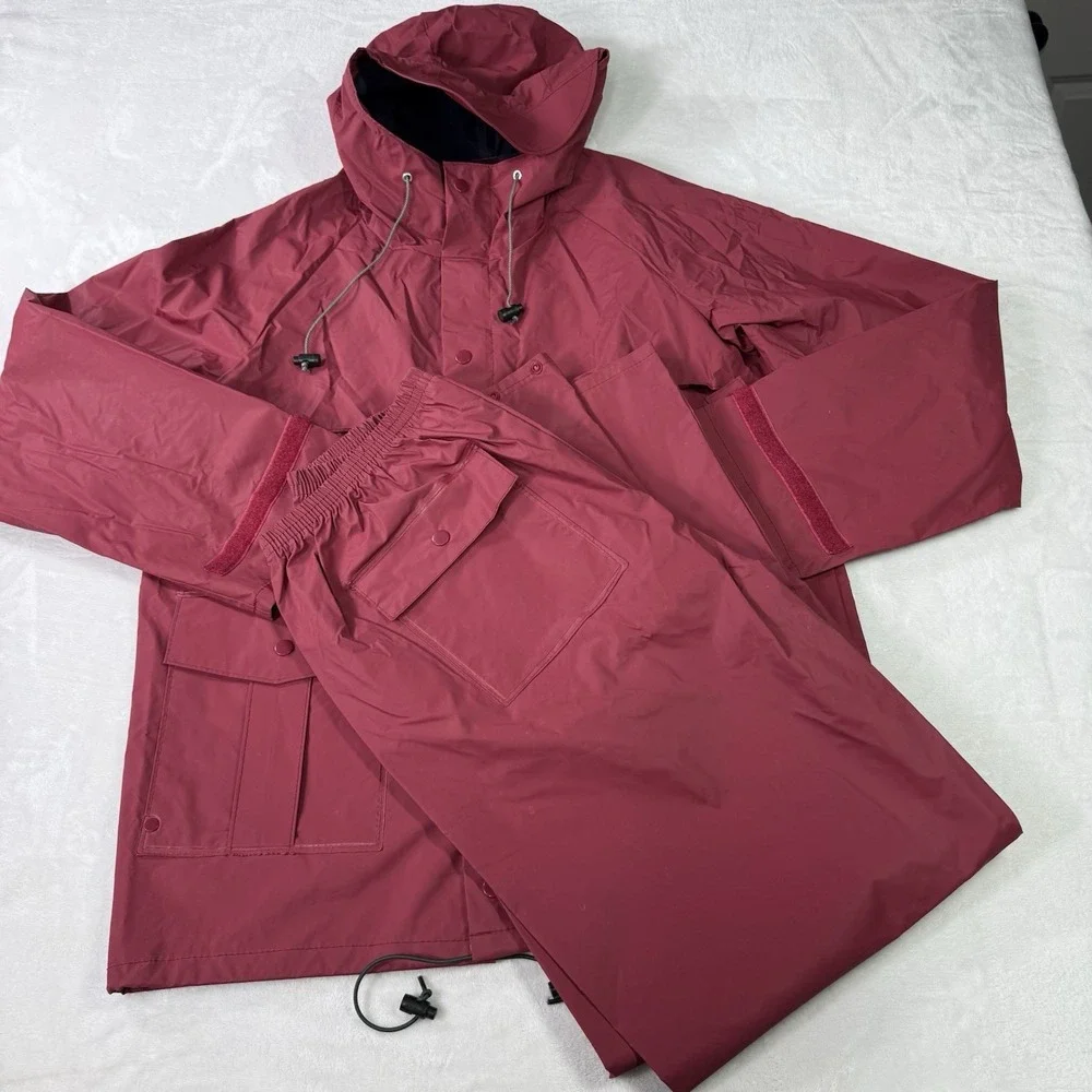 Vintage 90's LL Bean PVC Suit Red Rain Boat Jacket Hooded Coat Pant Mens Medium‎